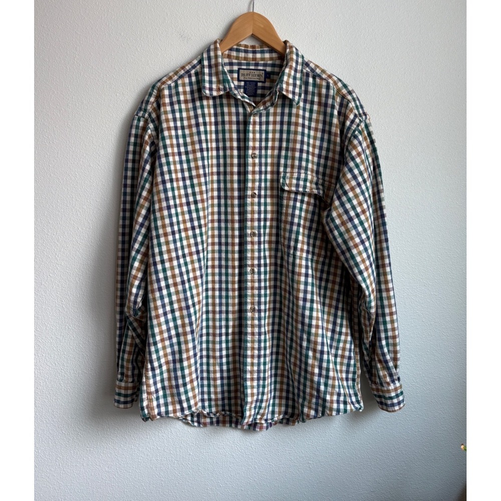 Ruff Hewn Large Gingham Check Button Down Shirt Green Mustard Blue Canvas Cotton